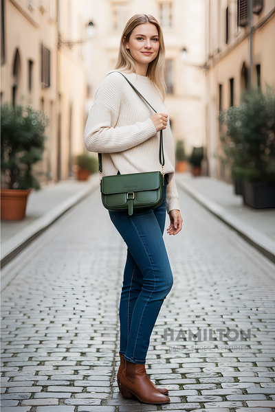 HAMILTON Original Women's Khaki Crossbody Adjustable Strap Lined Leather Baguette Daily Shoulder Bag with Card Holder