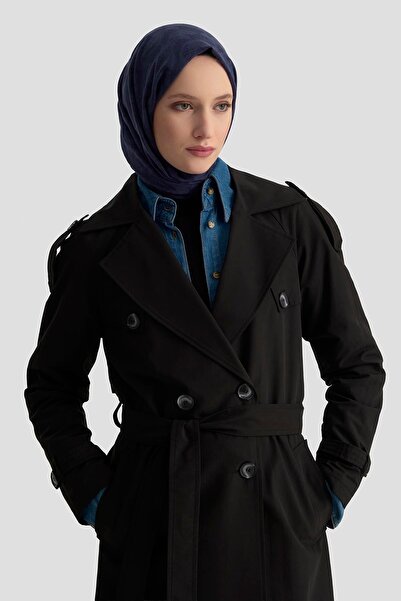 Armine Trend Double-Breasted Buttoned Belted Waistband Jacket-Black 25Yt707