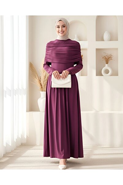 Modamorfo فستان طويل من الصوف مع تفاصيل مزينة بالكشكش - لون أرجواني