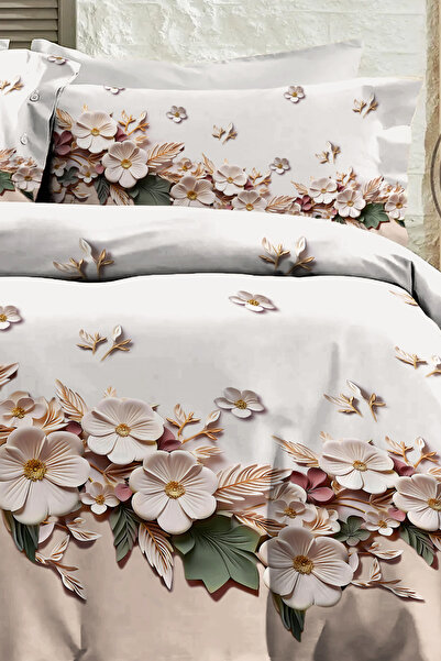 MonoHome 100% Cotton Ranforce Çeyizlik Luxury 5D Digital Double Duvet Cover Set Mimosa