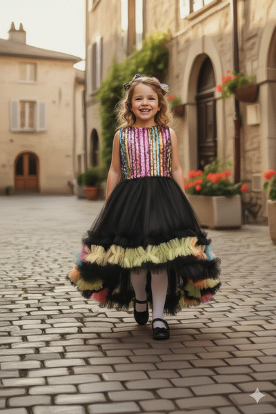 Dide Kids Kız Çocuk Siyah Payetli Renkli Tüllü Abiye Elbise