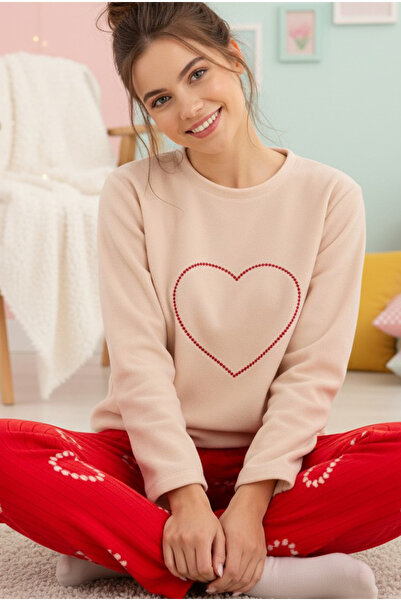 Siyah İnci Salmon Heart Embroidered Patterned Ribbed Fleece Winter Knitted Pajama Set