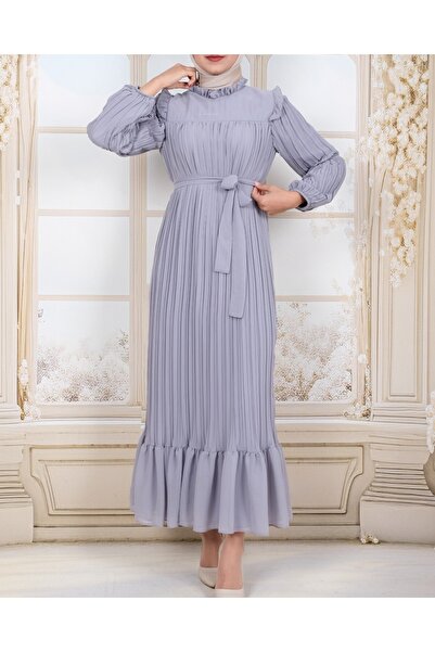Modamorfo Dress with Robe on the Front, Pleated Sleeves and Size - Gray