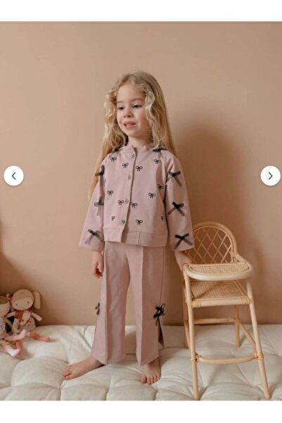 RAPAPA Girls' Dusty Rose Bow Double Suit – Long Sleeve Top and Pants 2575