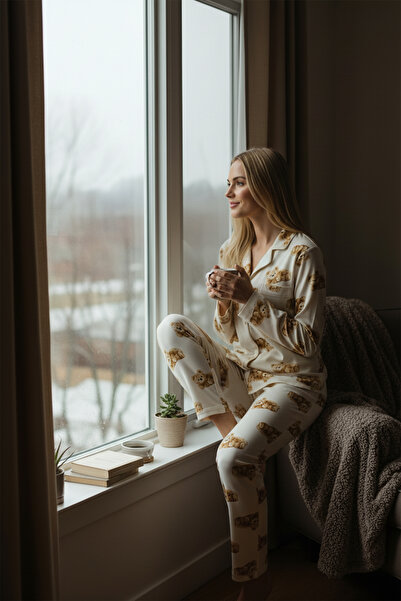 Bravie Luxury Soft Ecru Teddy Bear Patterned Long Sleeve Women's Pajama Set – 3041