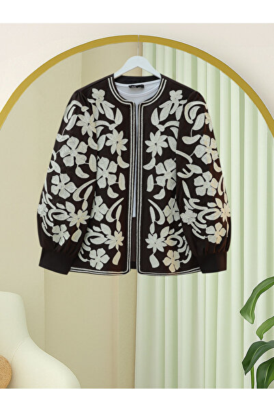 Modamorfo Lined Jacket with Embroidered Sleeves and Front -K. Brown