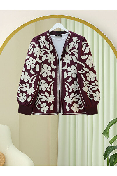 Modamorfo Lined Jacket with Embroidered Sleeves and Front - Plum