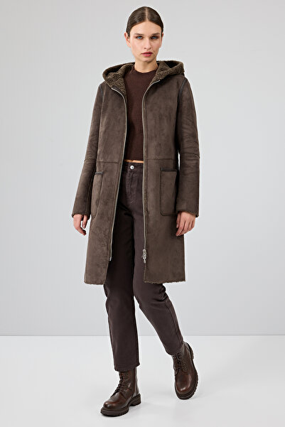 Derimod Fiorentini Women Brown Double-Sided Hooded Teddy Coat 25Wgp53149F