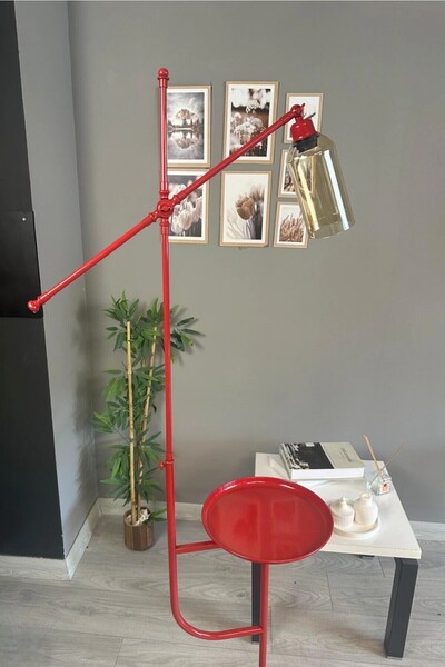 Bamyum Windy Kırmızı Gövde Bal Rengi Cam Lambader Tepsili Makas Gövde Modern Oturma Odası