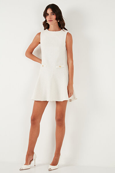 Lela Cotton Regular Fit Crew Neck Button Detail A-Line Mini Evening Dress Dress 6525687