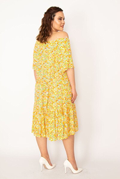 Şans Women's Large Size Yellow Collar Elasticated Hem Gathered Woven Viscose Fabric Dress 65n33250