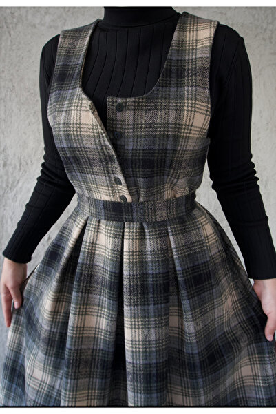 hrmonny Vintage Women's Modest Winter V-Neck Retro Gilet Dress Khaki Plaid Height 140 cm