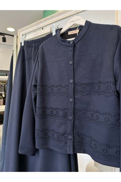 MRM MERAM BUTİK Shoulder Pad Tex Suede Skirt Suit Laser Cut - Dark Blue - 38