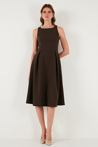 Lela Regular Fit Crew Neck Pleated Midi Length Evening Dress with Pockets Dress 6111963