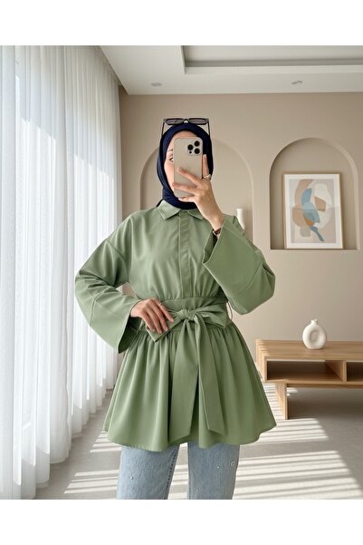 Modamorfo Half Button Tunic with Tie Waist and Side Zipper -Çağla Y.