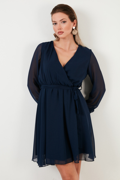 Lela Double-Breasted Chiffon Mini Evening Dress with Neck Tie Detail Dress 6051467