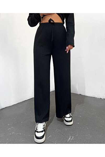 Modamorfo Bağcık Detaylı Salaş Fitilli Pantolon - Siyah