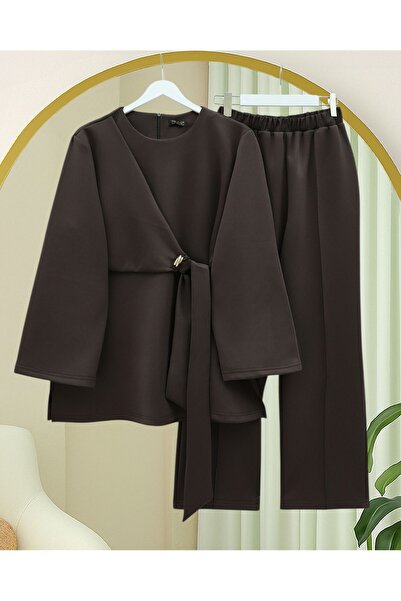 Modamorfo Slit Scuba Suit with Cross-Tied Front - Dark Brown