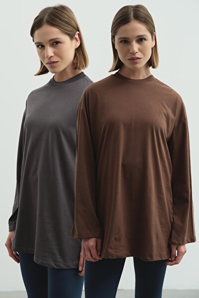 C&City Wide Sleeve Oversize 2 Pack T-Shirt 964 Smoked/Brown