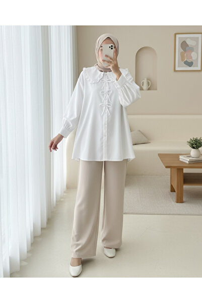 Modamorfo Πουκάμισο με λαιμόκοψη από ποπλίνα με λεπτομέρεια φιόγκου στο μπροστινό μέρος - Λευκό