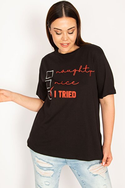 Şans Dámská velká blůza z černé bavlněné tkaniny s předním potiskem 65n33301