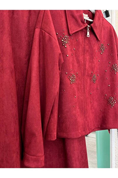 MRM MERAM BUTİK Shoulder Pad Tex Suede Skirt Suit with Stones - Bordo - 42