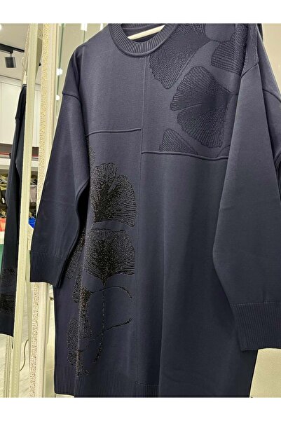 MRM MERAM BUTİK Dna Mercerized Tunic with Floral Pattern and Silvery Lining - Navy Blue - 1