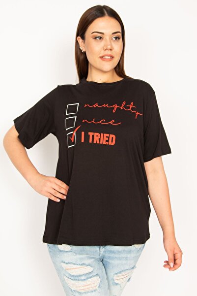 Şans Dámská velká blůza z černé bavlněné tkaniny s předním potiskem 65n33301