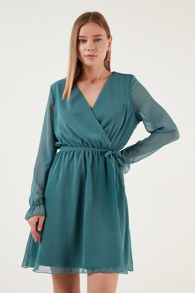 Lela Double-Breasted Chiffon Mini Evening Dress with Neck Tie Detail Dress 6051467