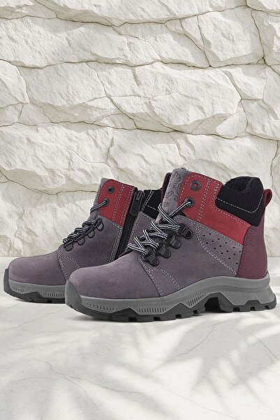 Rakerplus Genuine Leather Gray Claret Red Zippered Trekking Children's Boots