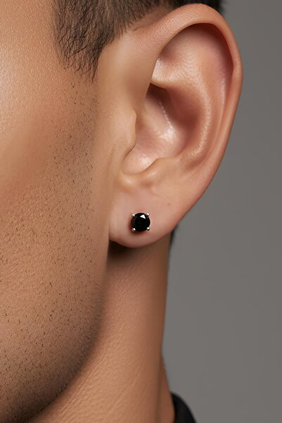 So CHIC... Siyah Tektaş 4 Mm 18 Ayar Beyaz Altın Kaplama Unisex Gümüş Küpe