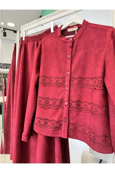 MRM MERAM BUTİK Shoulder Pad Tex Suede Skirt Suit Laser Cut - Bordo - 40