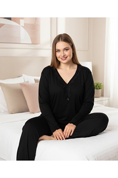 Temporium Kadın Siyah Büyük Beden Desenli Yakası Düğmeli Uzun Kollu Bambu Pij...