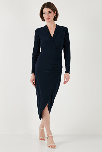 Lela Double-Breasted Collar Slit Drape Detailed Midi Evening Dress Dress 611El1769