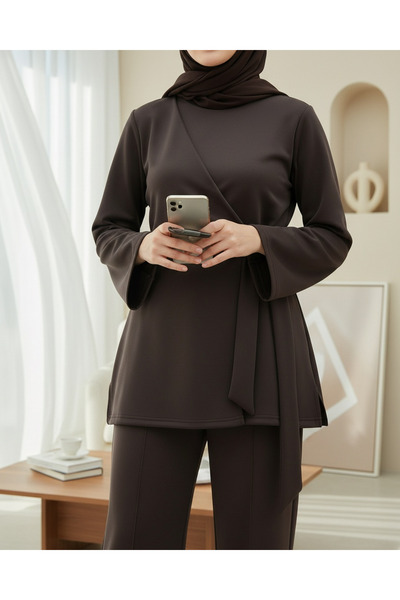 Modamorfo Slit Scuba Suit with Cross-Tied Front - Dark Brown