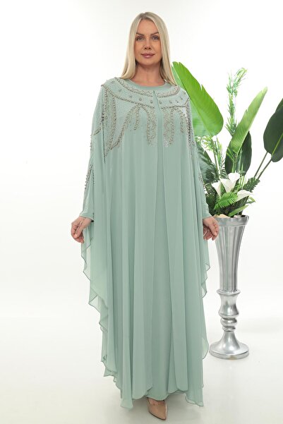 MİSS DİAMOND Chiffon Mint Long Dress Abaya Suitable for Elegant Stone Hijab