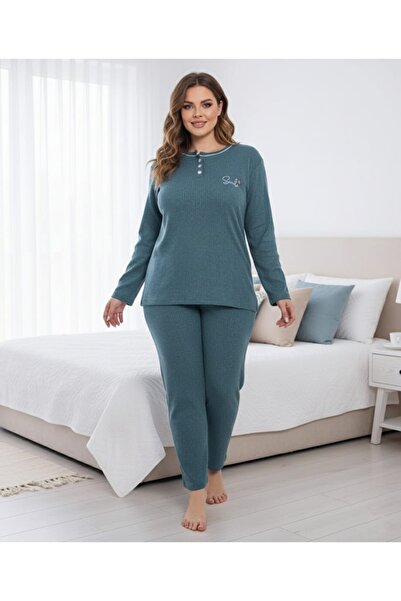 Temporium Set de pijamale interlock cu mânecă lungă, cu guler cu nasturi, de iarnă, albastru petrol