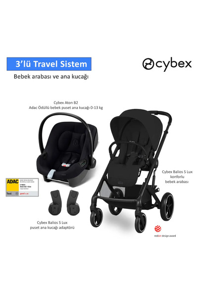 Cybex 3 lü travel sistem Balios S Lux Moon Black + Aton B2 isize + Balios Adaptör