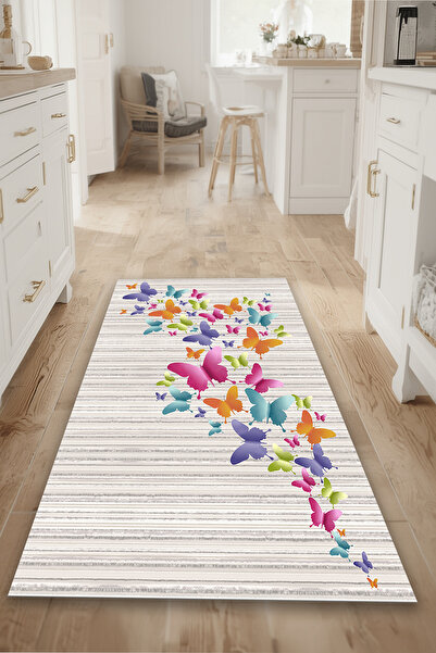 Kessy Home Studio Kelebek Temalı Makinada Yıkanabilir Kaymaz Taban Dijital Ba...