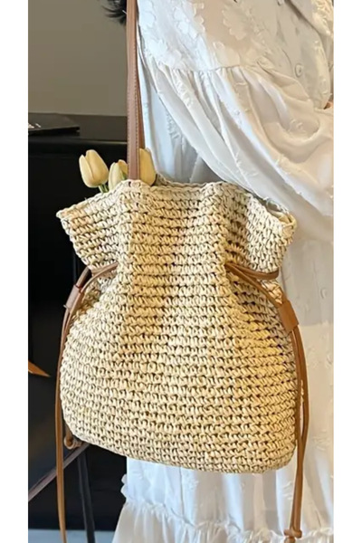 WOMANBAG Handmade Wicker Leather Accessory Large Size Shoulder Bag (40X50Cm)