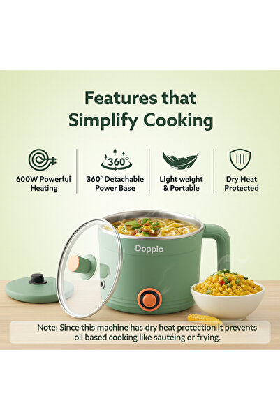 DOPPİO Electric Kettle for Noodles – Compact 500ml Multi-Purpose Kettle (Green)