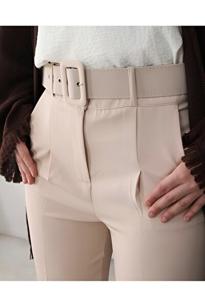Modamorfo Thick Belted Fabric Trousers - Beige