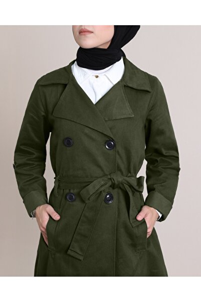 Modamorfo Buttoned Belted Trench Coat with Folded Sleeves -Khaki