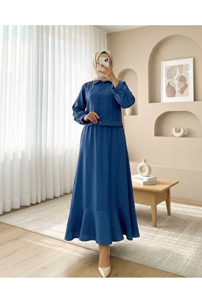 Modamorfo Jacket Skirt Linen Suit with Stones on the Shoulder and Buttons - Blue