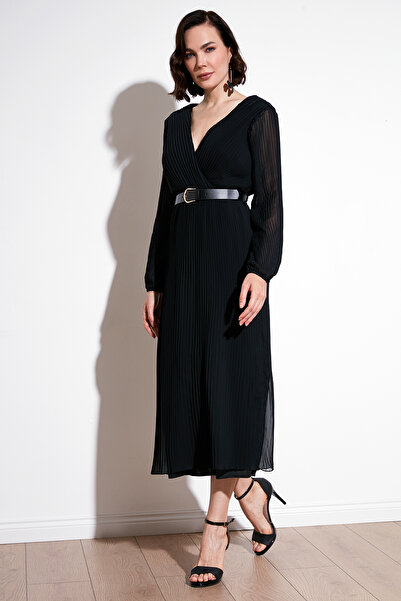 Lela Double-Breasted Neckline Long Sleeve Chiffon Evening Dress with Pleated Belt Dress 611El00471