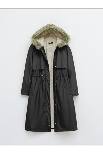 Modamorfo Plush Inside Fixed Hooded Tunnel Lace up Long Coat -Black