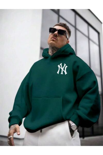 NİCE Чоловічий зелений на спині світшот з принтом NY з капюшоном