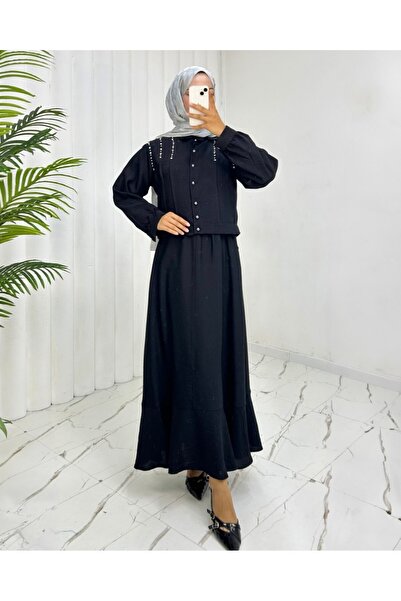 Modamorfo Shoulder Stoned Buttoned Jacket Skirt Linen Suit - Black