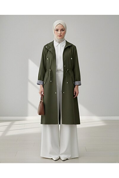 Modamorfo Tunnel Lace-Up Top Pocket Detailed Unlined Washable Organic Cotton Trench Coat - Khaki
