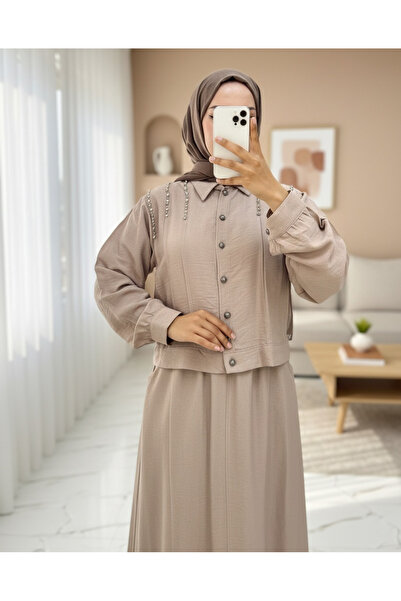 Modamorfo Jacket Skirt Linen Suit with Stones on the Shoulder Buttons -Mink